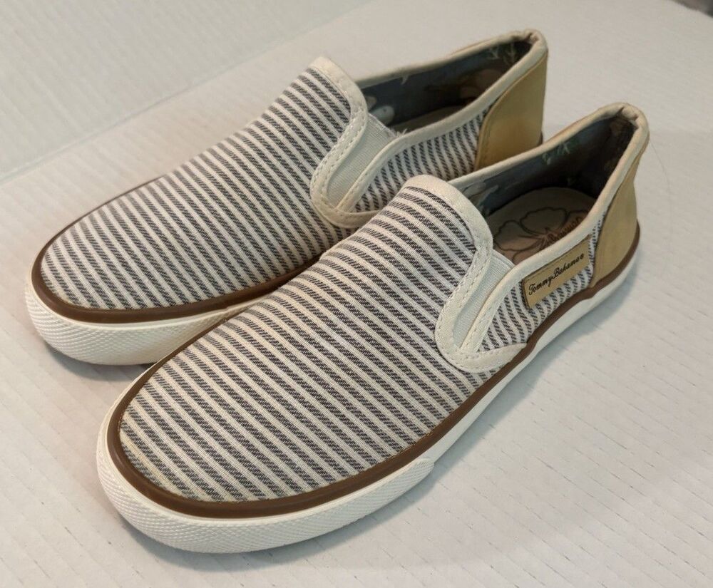 Tommy Bahama Women's Sneakers Striped W/Faux Leather Accents Size 6.5